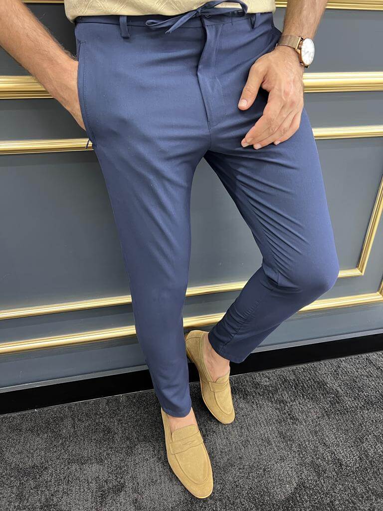 Men's Slim Fit Rope Detail Navy Trousers HolloMen Men's Slim Fit Rope Detail Navy Trousers HolloMen