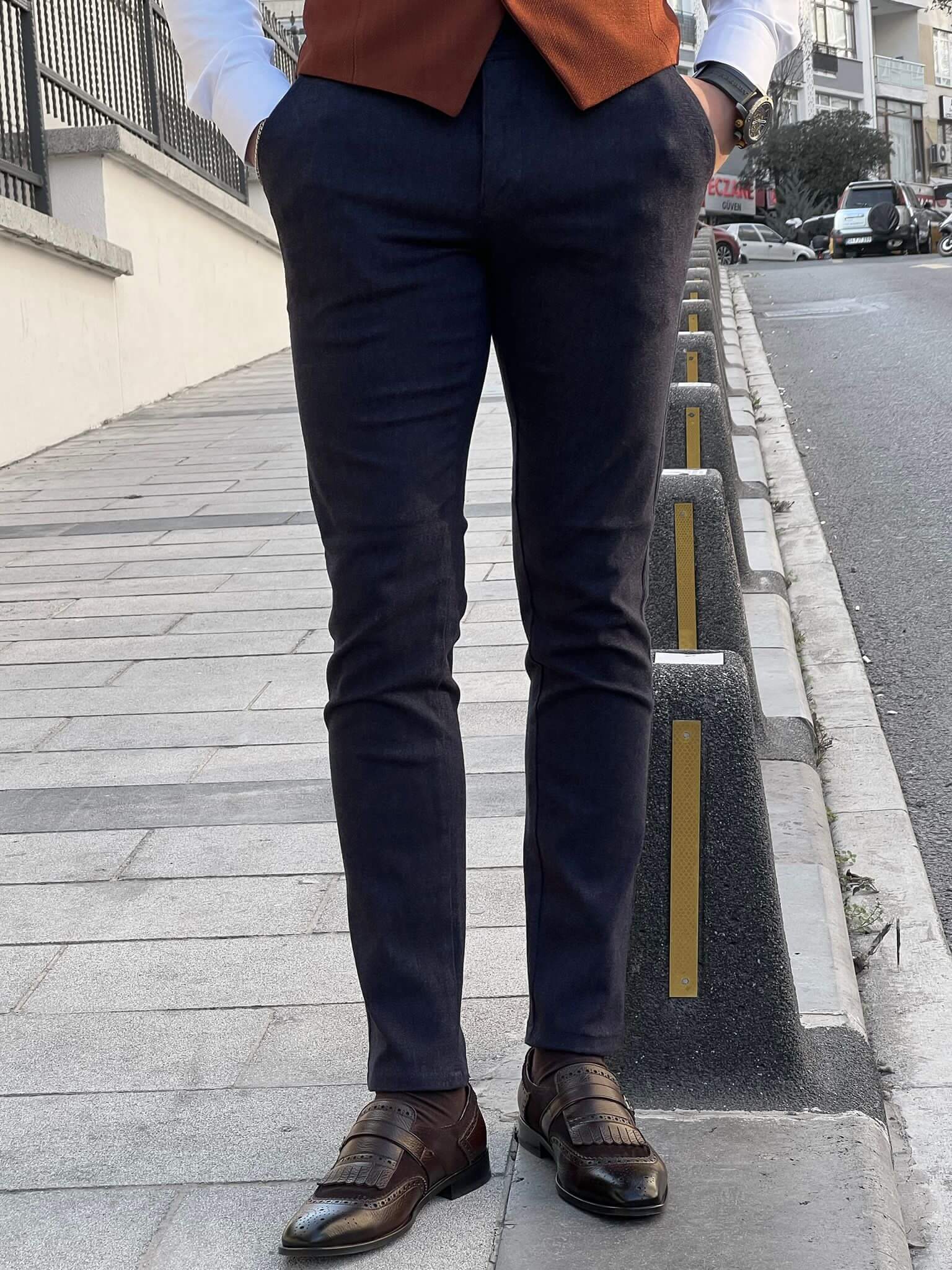 Self-patterned navy blue pants for modern lifestyle