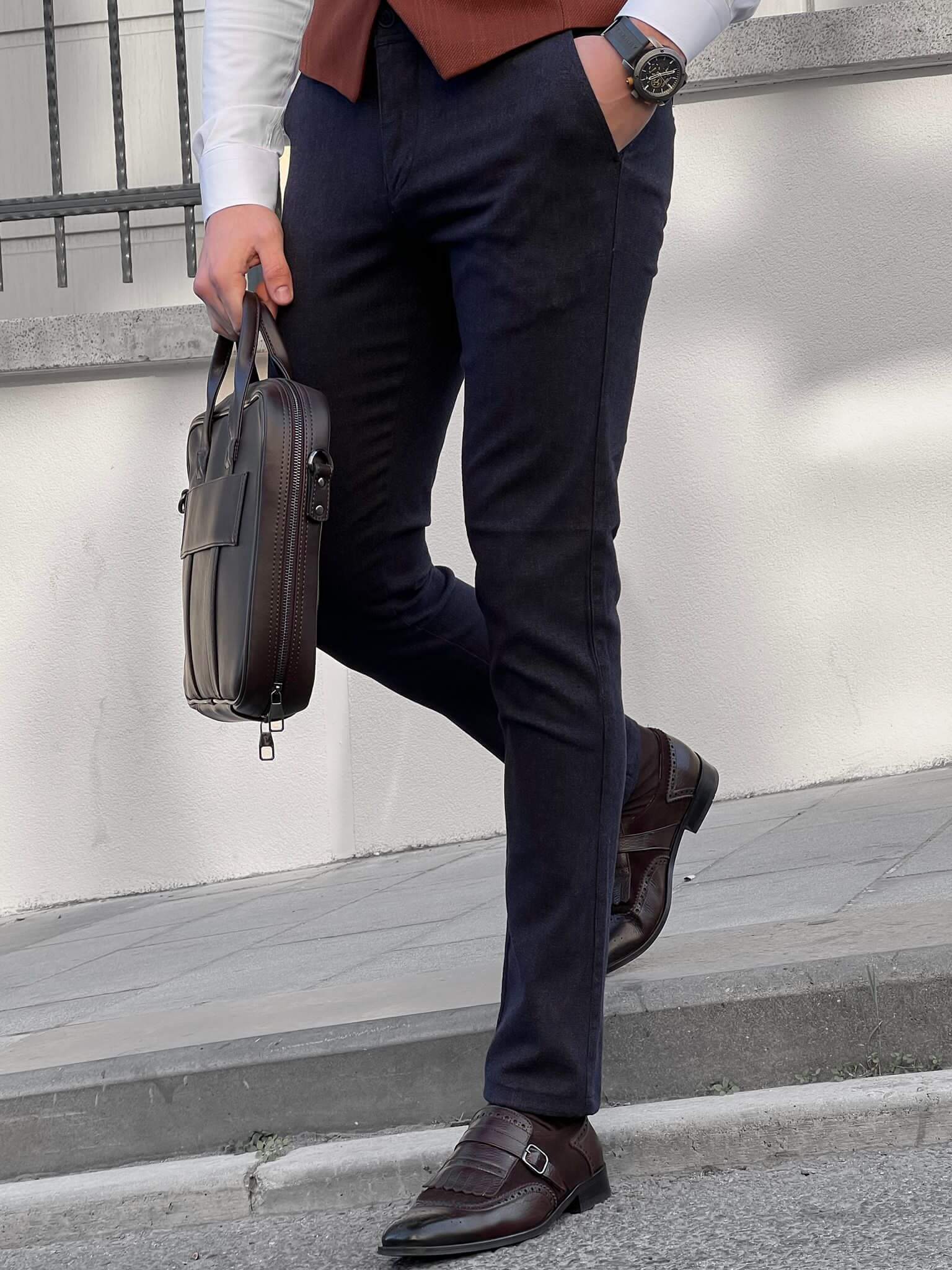 Self-patterned navy blue pants for modern lifestyle