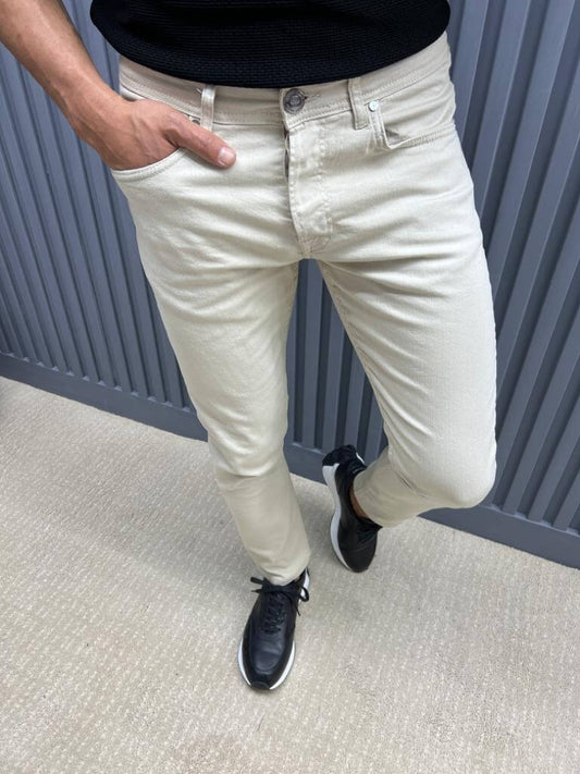 Slim Fit Beige Jeans on display
