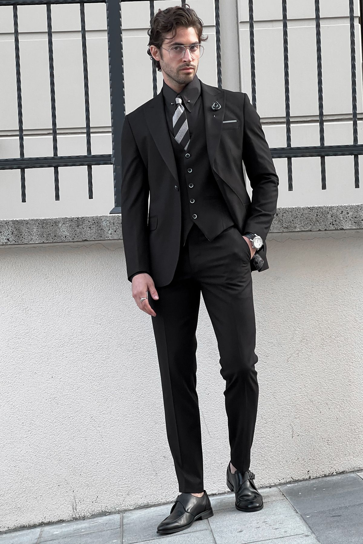 Slim Fit Black Wool Suit