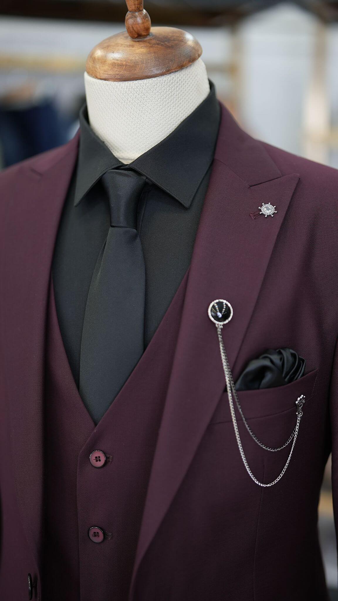 A Burgundy Suit on display.