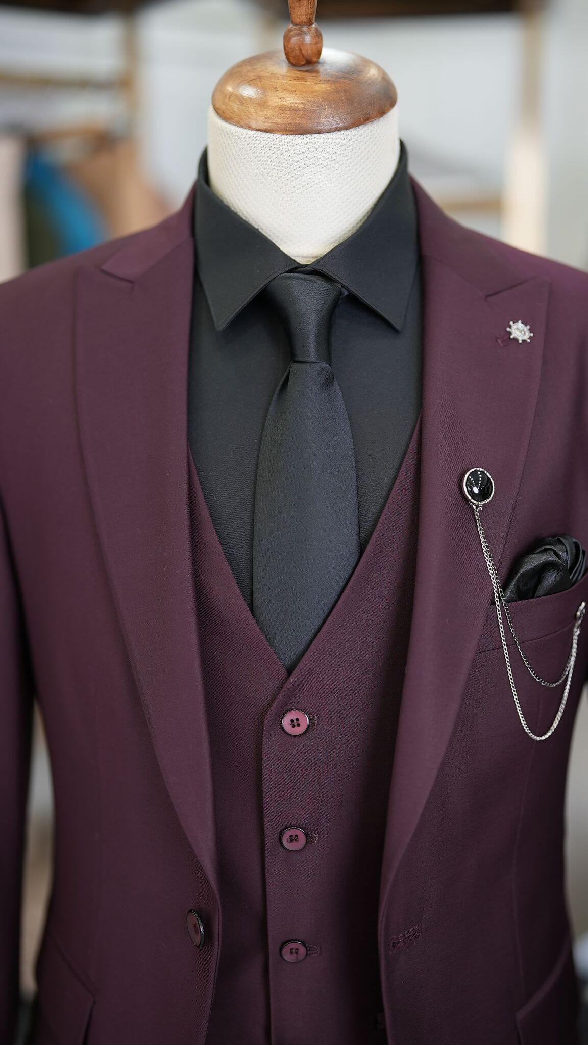 A Burgundy Suit on display.