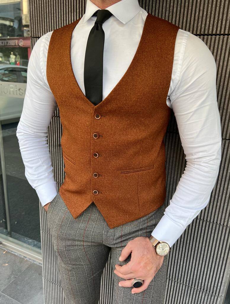 Slim fit camel waistcoat with a button-down front