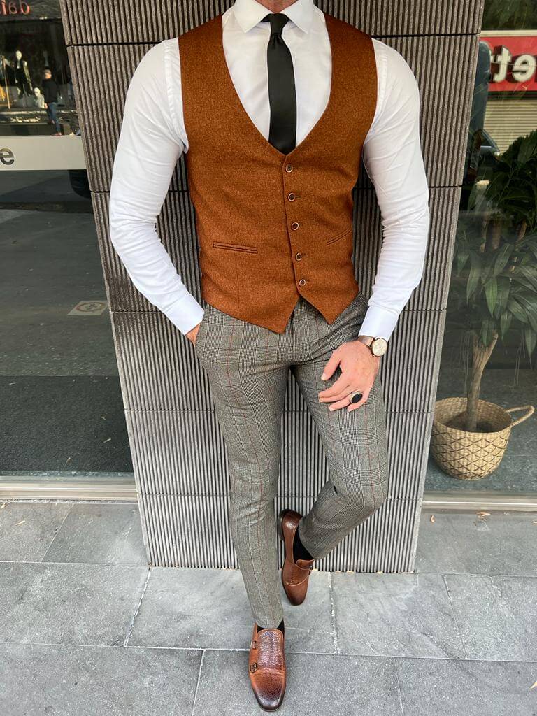 Slim fit camel waistcoat with a button-down front