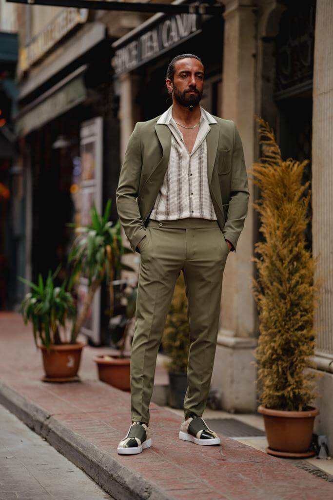 A Slim Fit Green Suit on display 