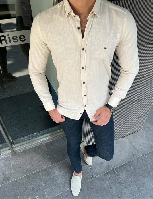 Chemise Beige Coupe Slim Col Italien
