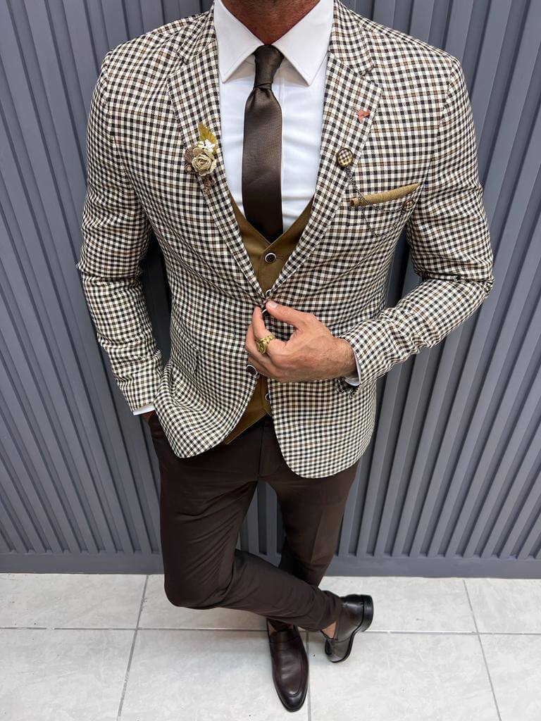 Slim-Fit Plaid Brown Suit
