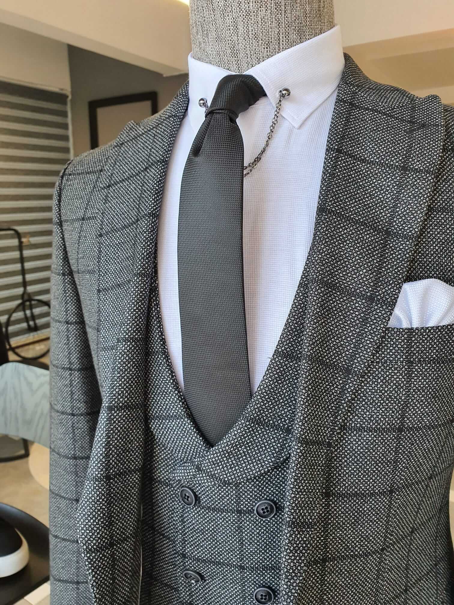 Slim Fit Plaid Gray Suit - Hollo Men