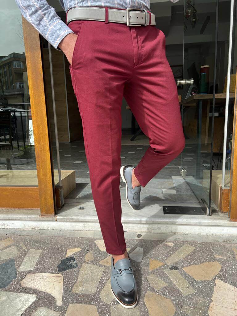 Slim fit pants in a fiery red shade, adding a touch of passion to your outfit
