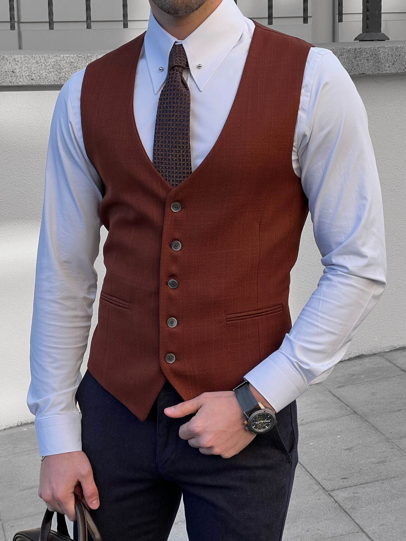 A stylish waistcoat with a slim fit and tile design