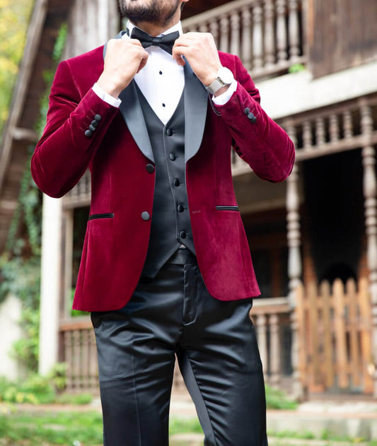 SLIM-FIT VELVET CLARET RED TUXEDO - Hollo Men