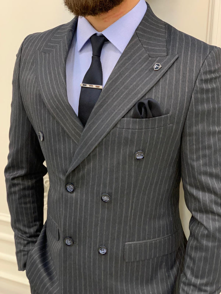 Smoked Gray Double Breasted Striped Suit – HolloMen