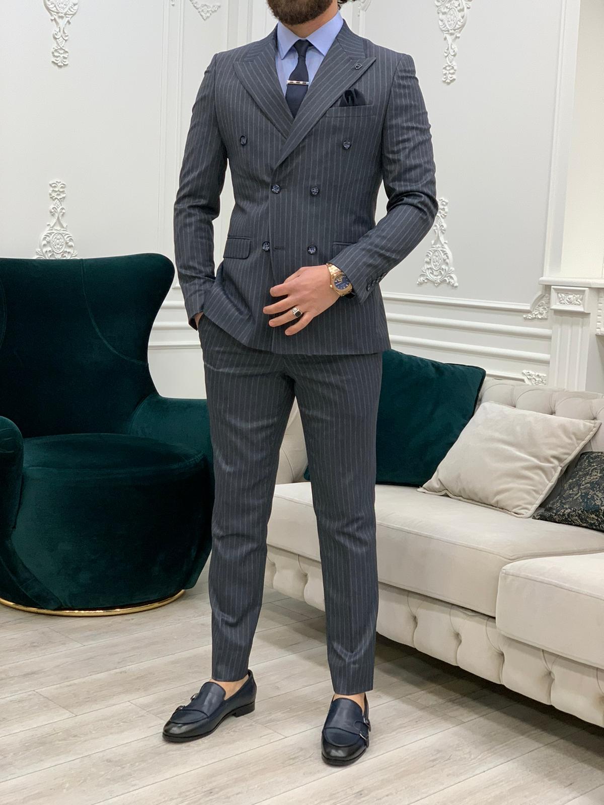 Smoked Gray Double Breasted Striped Suit