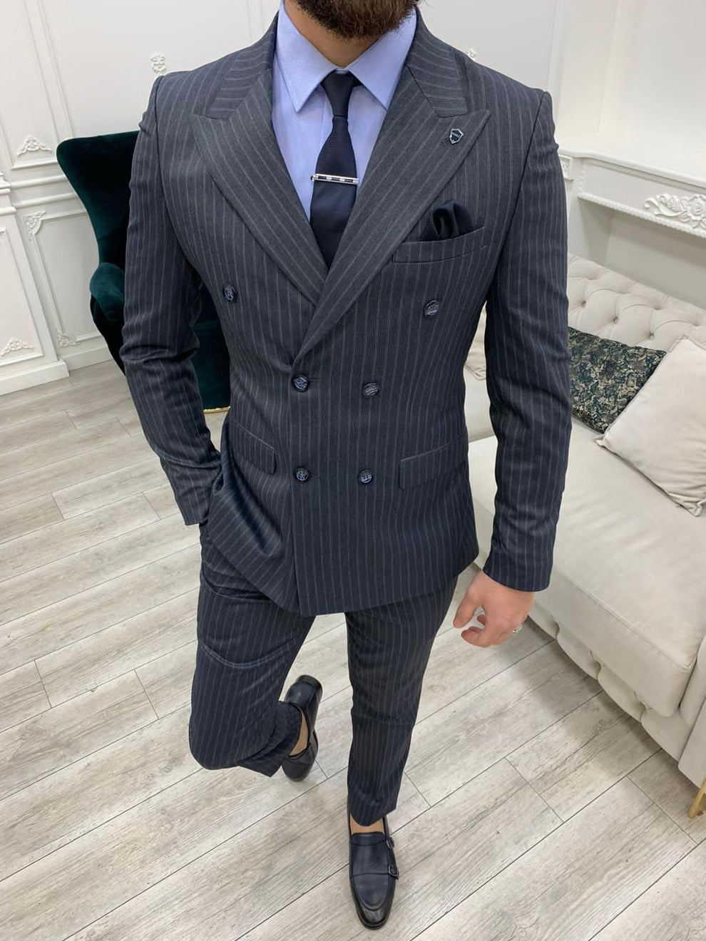Smoked Gray Double Breasted Striped Suit – HolloMen