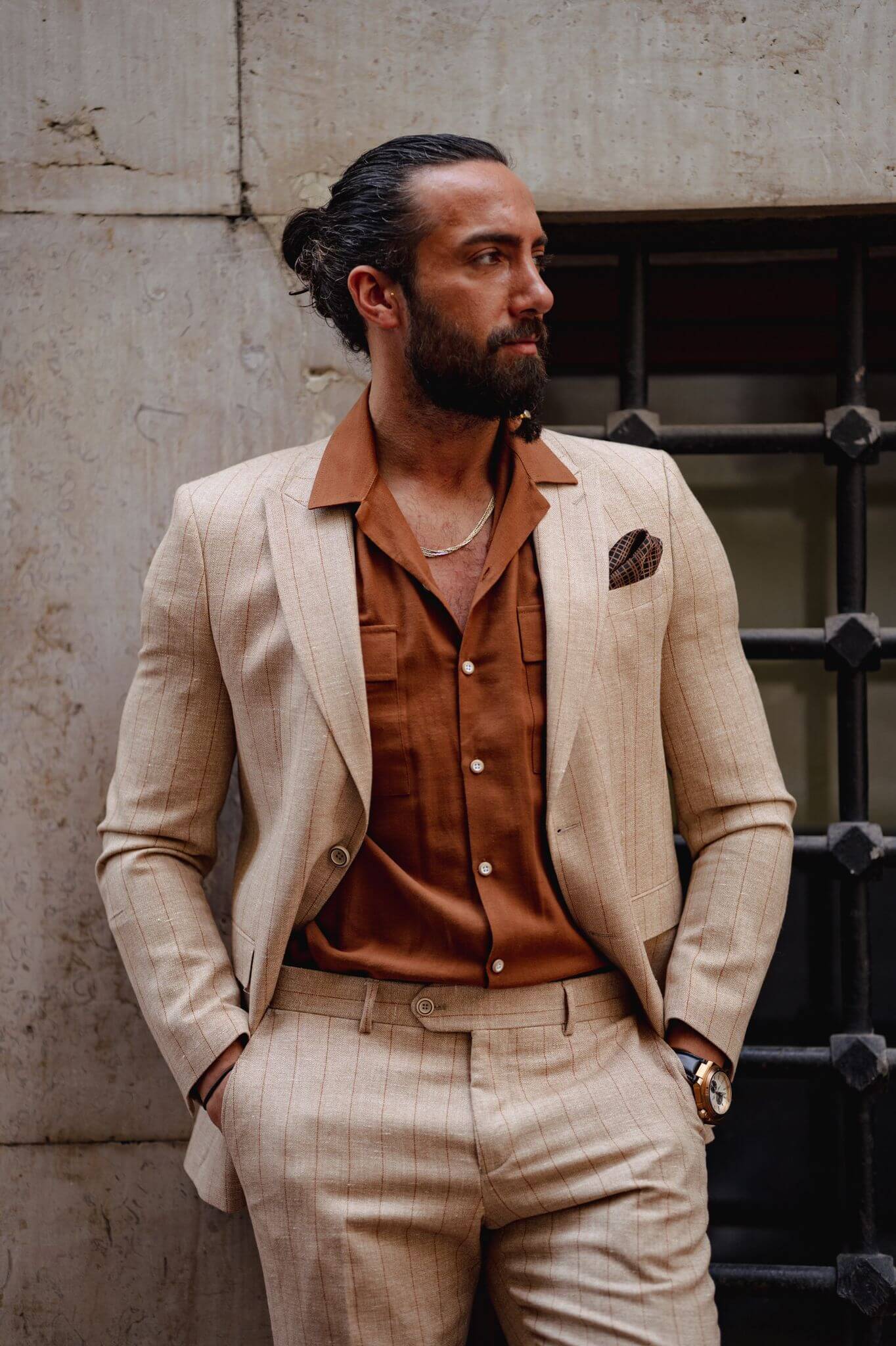 A Striped Beige Linen Suit on display