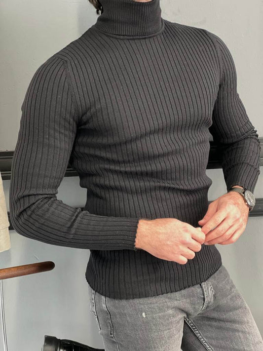 A fashionable striped black turtleneck sweater, featuring thin horizontal stripes in  black.