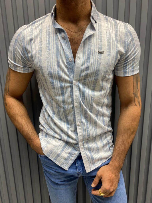 A classic blue shirt featuring horizontal stripes