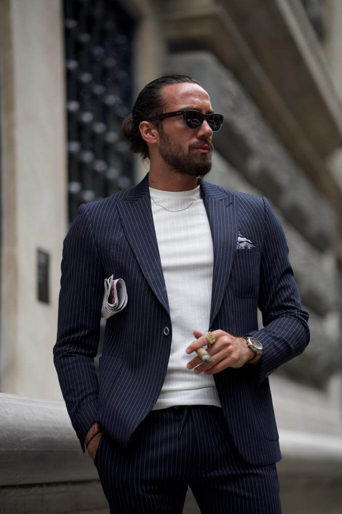 Striped Dark Blue Business Casual Suit | Sleek Slim-Fit Style by HolloMen Striped Dark Blue Business Casual Suit | Sleek Slim-Fit Style by HolloMen