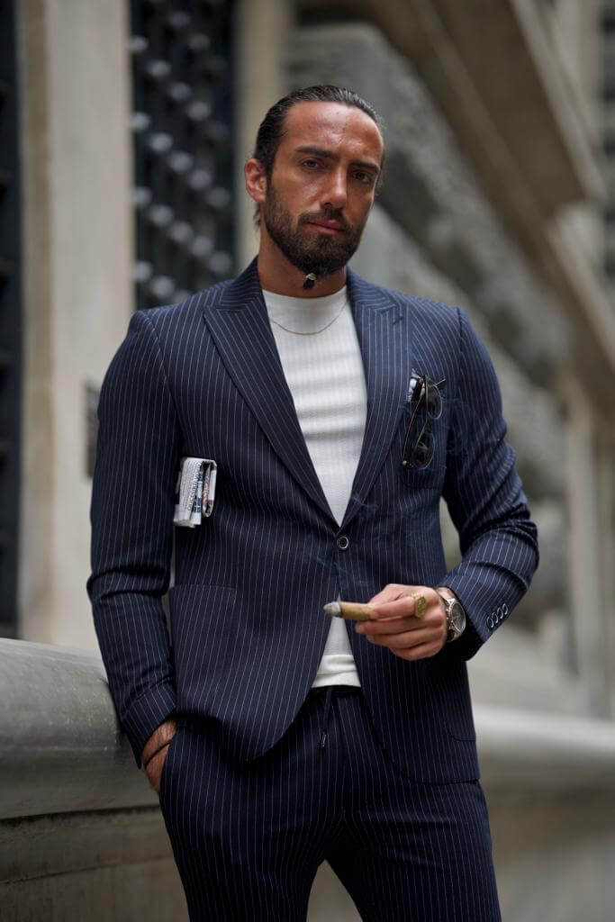 Striped Dark Blue Business Casual Suit