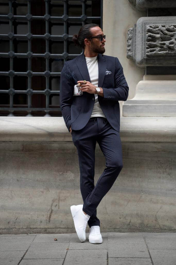 Striped Dark Blue Business Casual Suit | Sleek Slim-Fit Style by HolloMen Striped Dark Blue Business Casual Suit | Sleek Slim-Fit Style by HolloMen