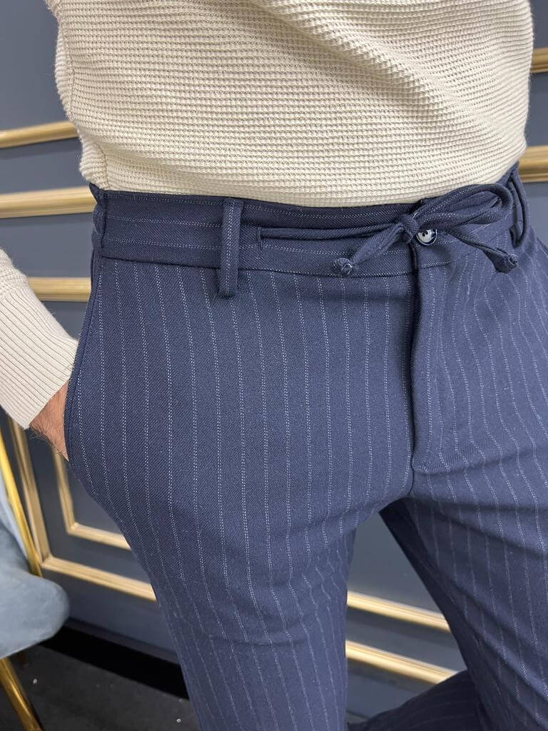 Striped Dark Blue Rope Belt Trouser