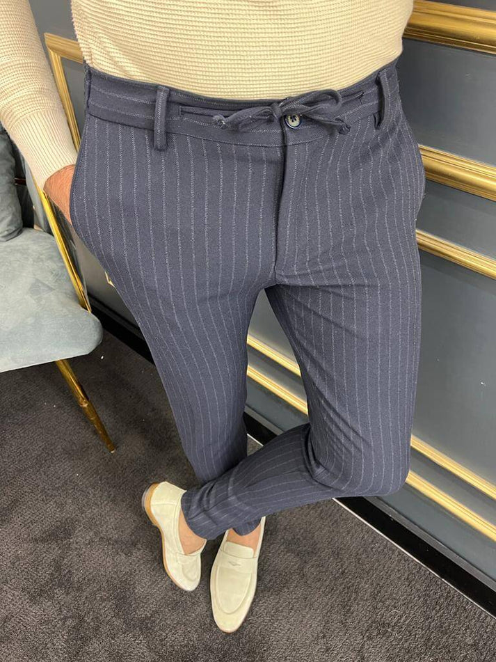 Striped Dark Blue Rope Belt Trouser β HolloMen