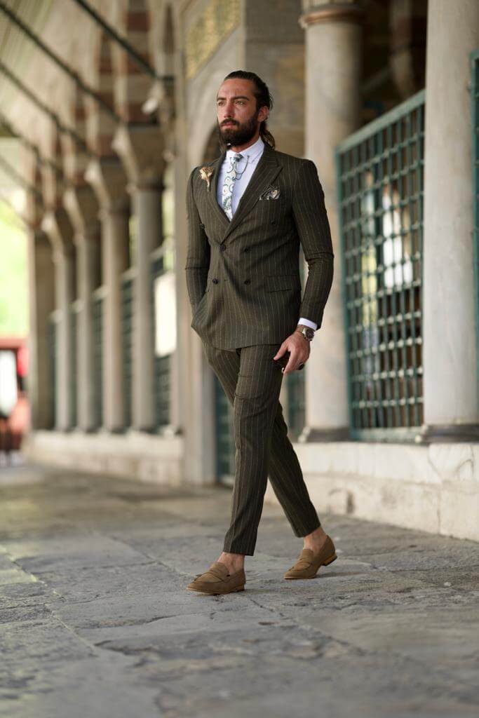 Striped Double Breasted Khaki Suit