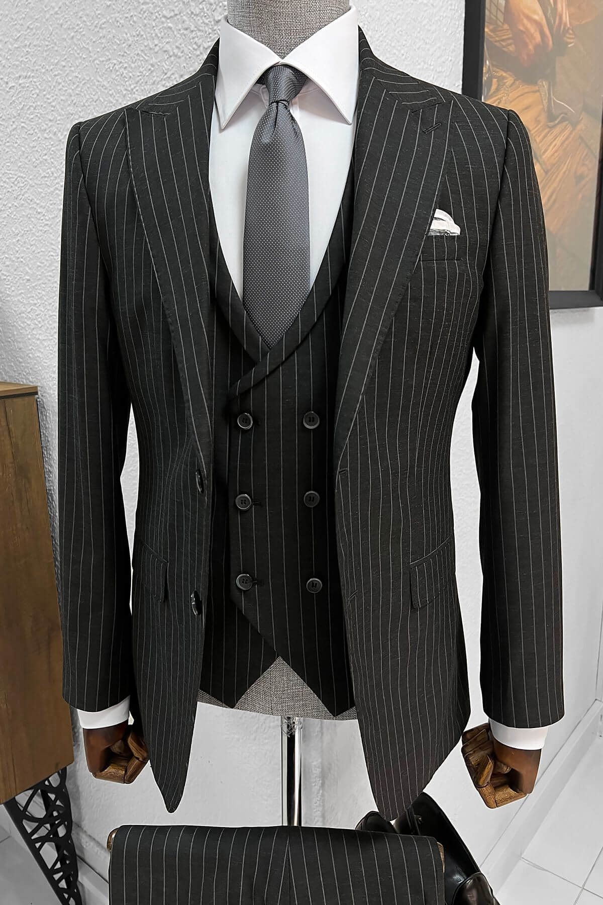 A Striped-Light Black- Suit on display