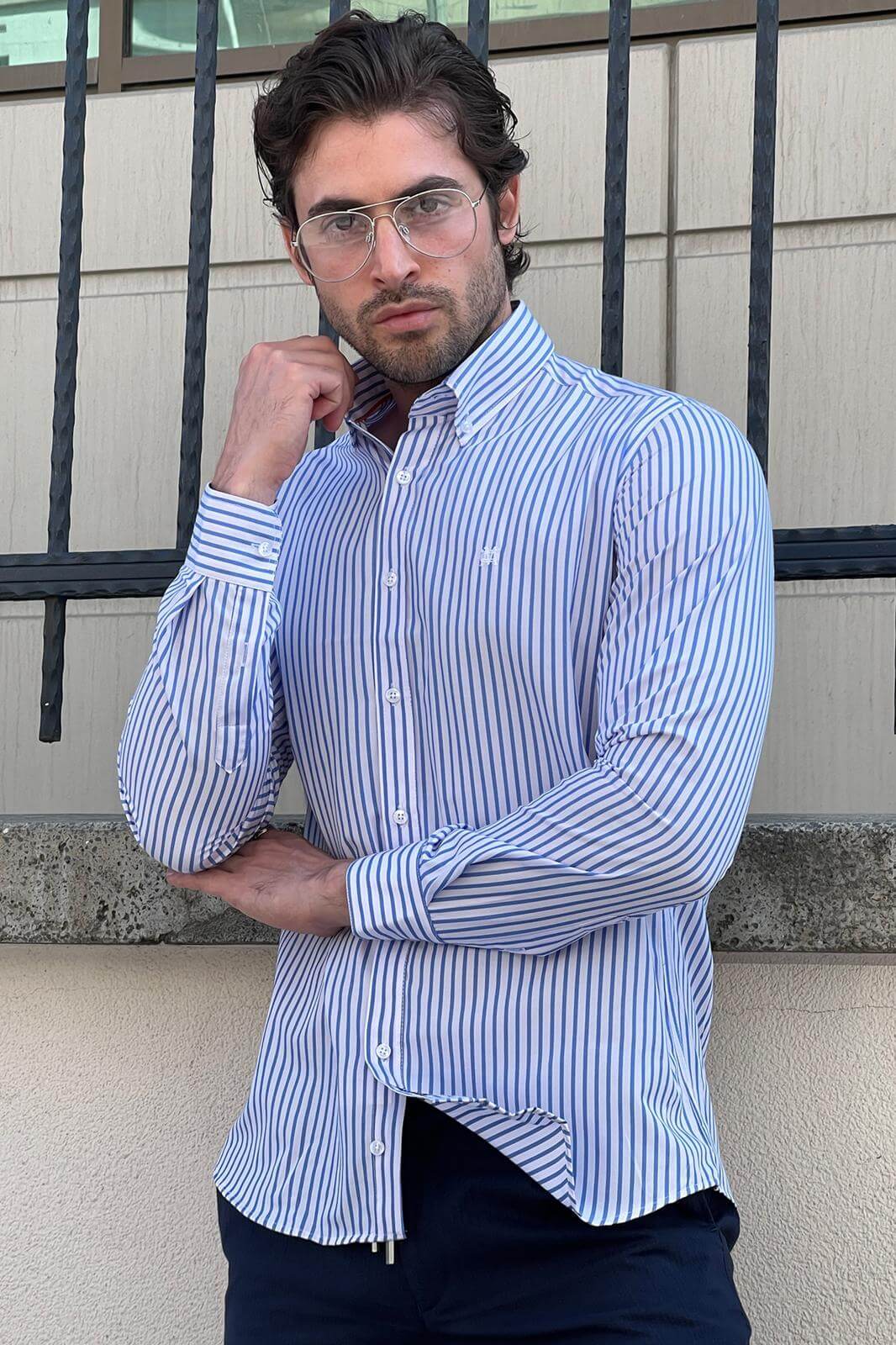 A Slim Fit Stripped white and Blue Cotton Shirt on display