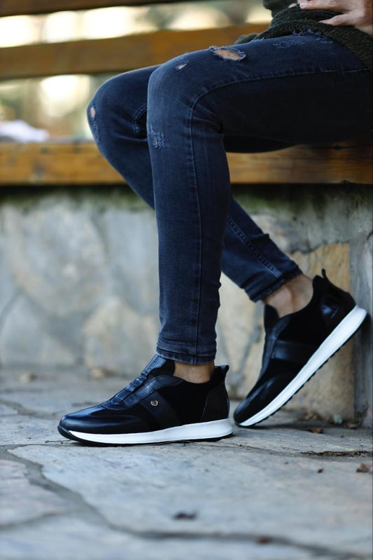 Stylish men's black sneakers crafted from a mix of genuine leather and suede, featuring a clean white EVA sole for comfort and versatility.