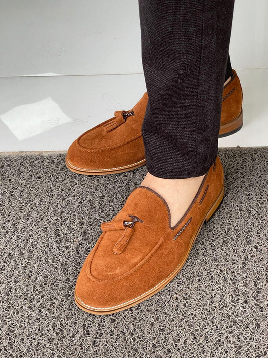 Tan Suede Leather Tassel Loafers