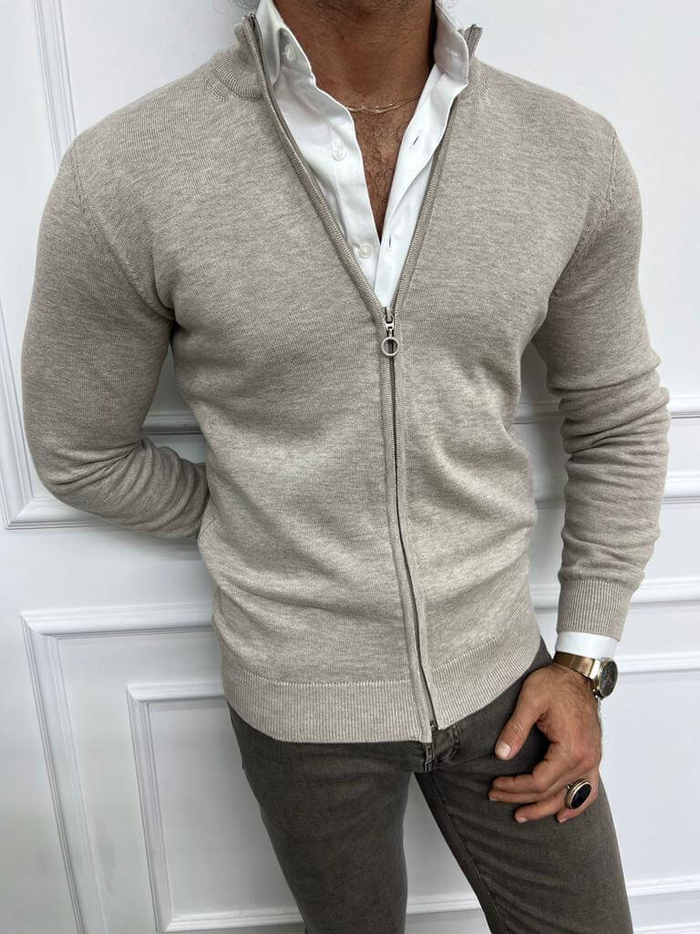 A chic and versatile beige V-neck cardigan worn by a model.