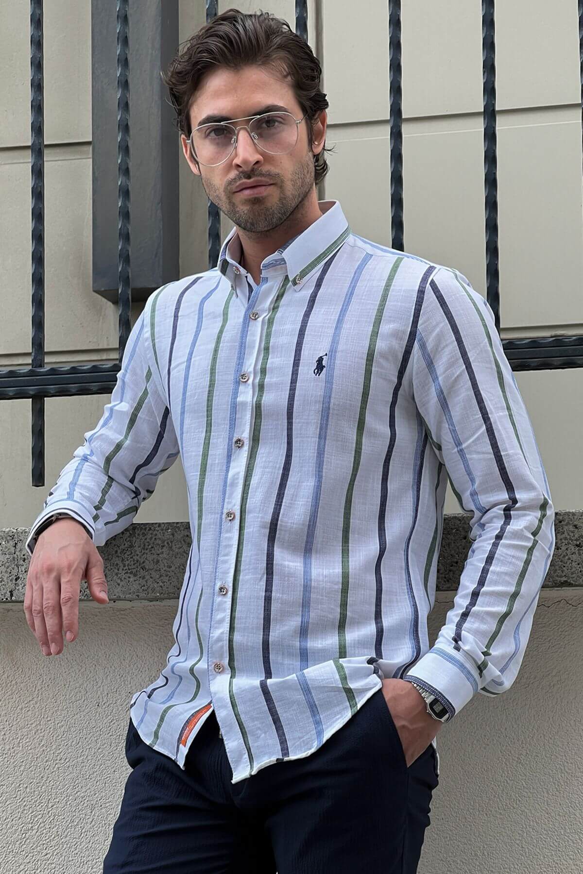 A White and Green Cotton Shirt on display