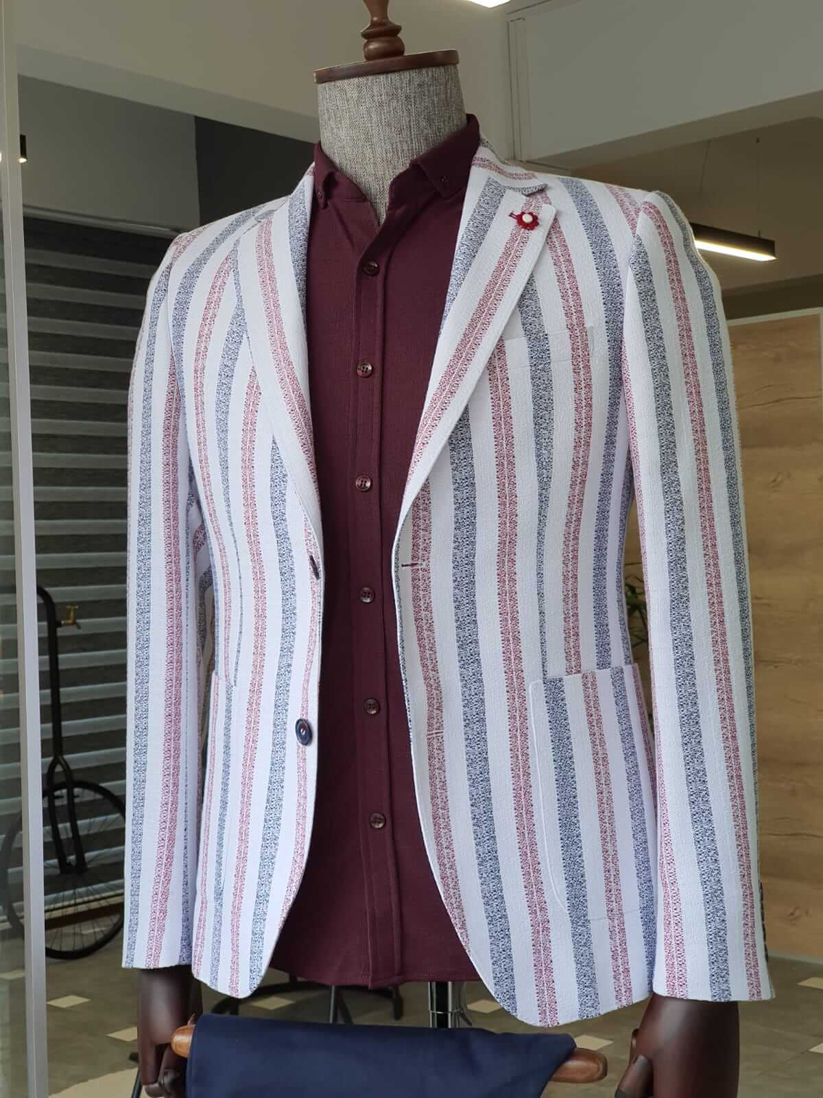 White & Claret Red Striped Jacket - Hollo Men