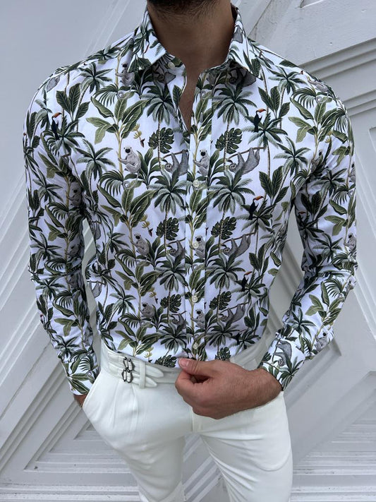 A fresh white shirt featuring intricate green leaf patterns