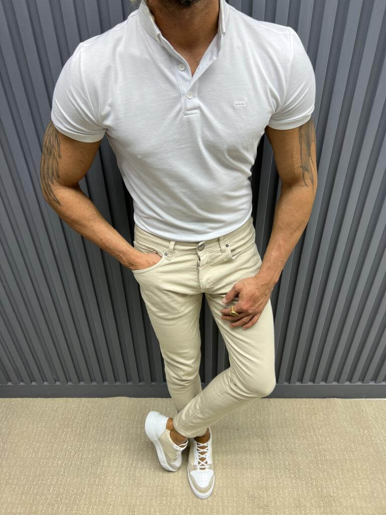 Polo Neck White Slim Fit Knit T-Shirt Men's Fashion HolloMen