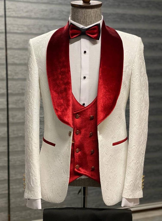 White & Red Groom Velvet Tuxedo