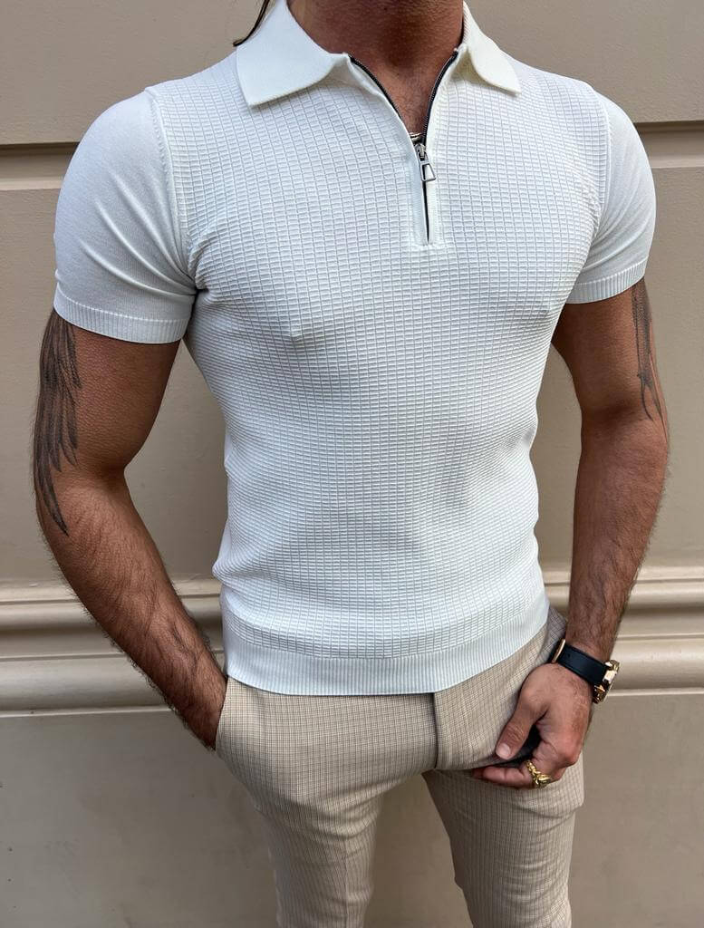 Weißes Polo-T-Shirt mit Reißverschlussdetail