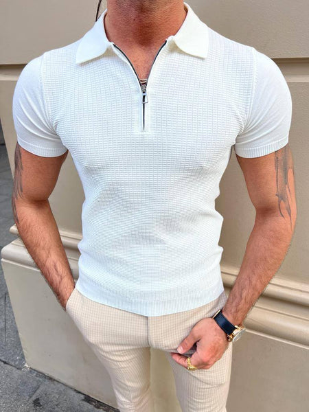 White Zip Detail Polo T-Shirt | Men's Casual Fashion | Crisp