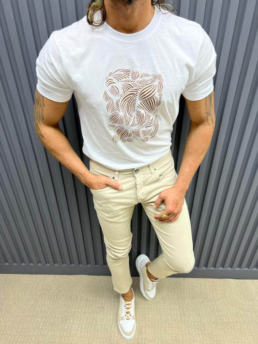 Weiß/Beige bedrucktes T-Shirt