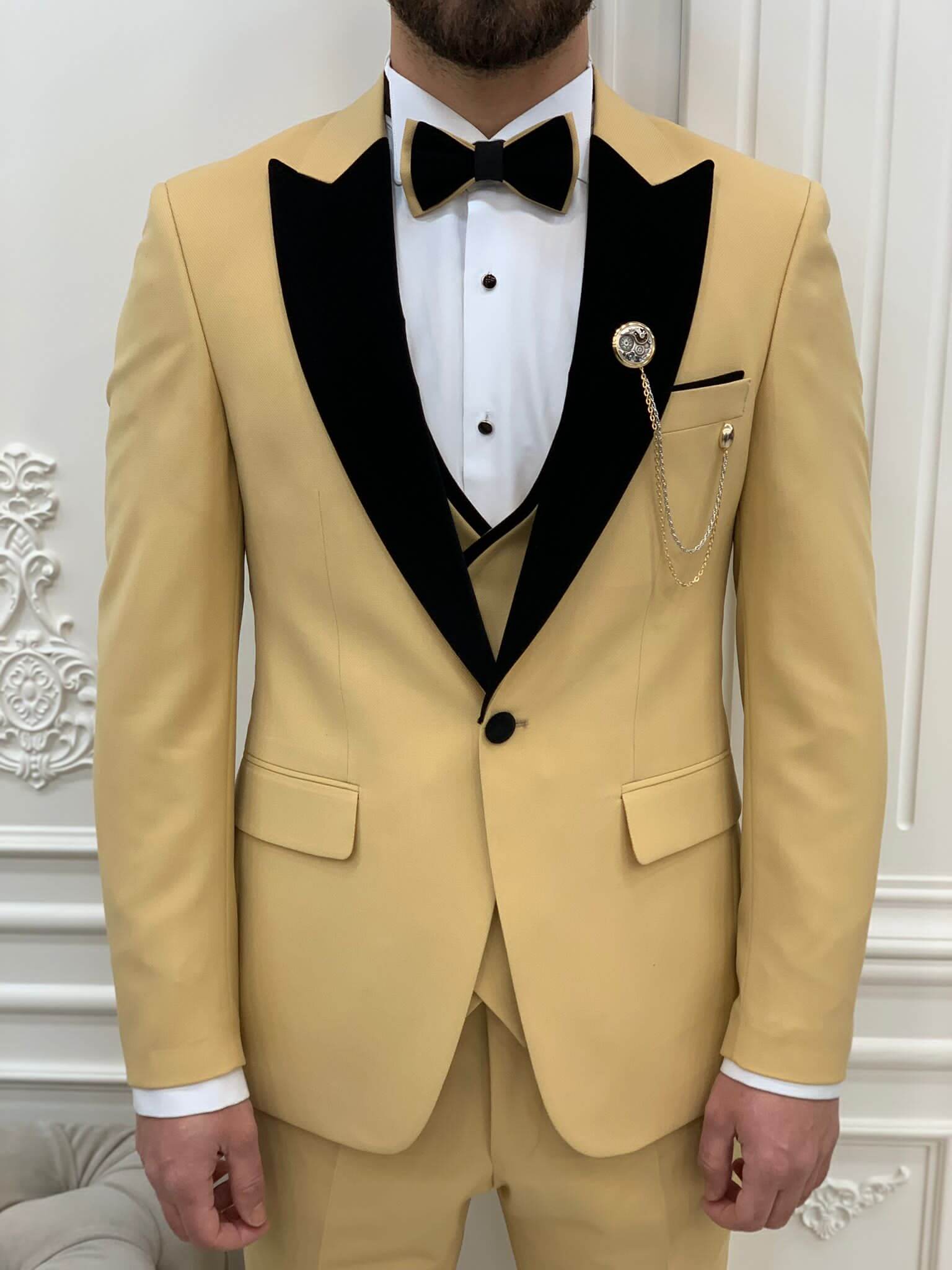 Model Wearing Yellow Tuxedo with Peak Lapel, Single Button, Double Slit, Slim-Fit Italian Cut at Formal Event