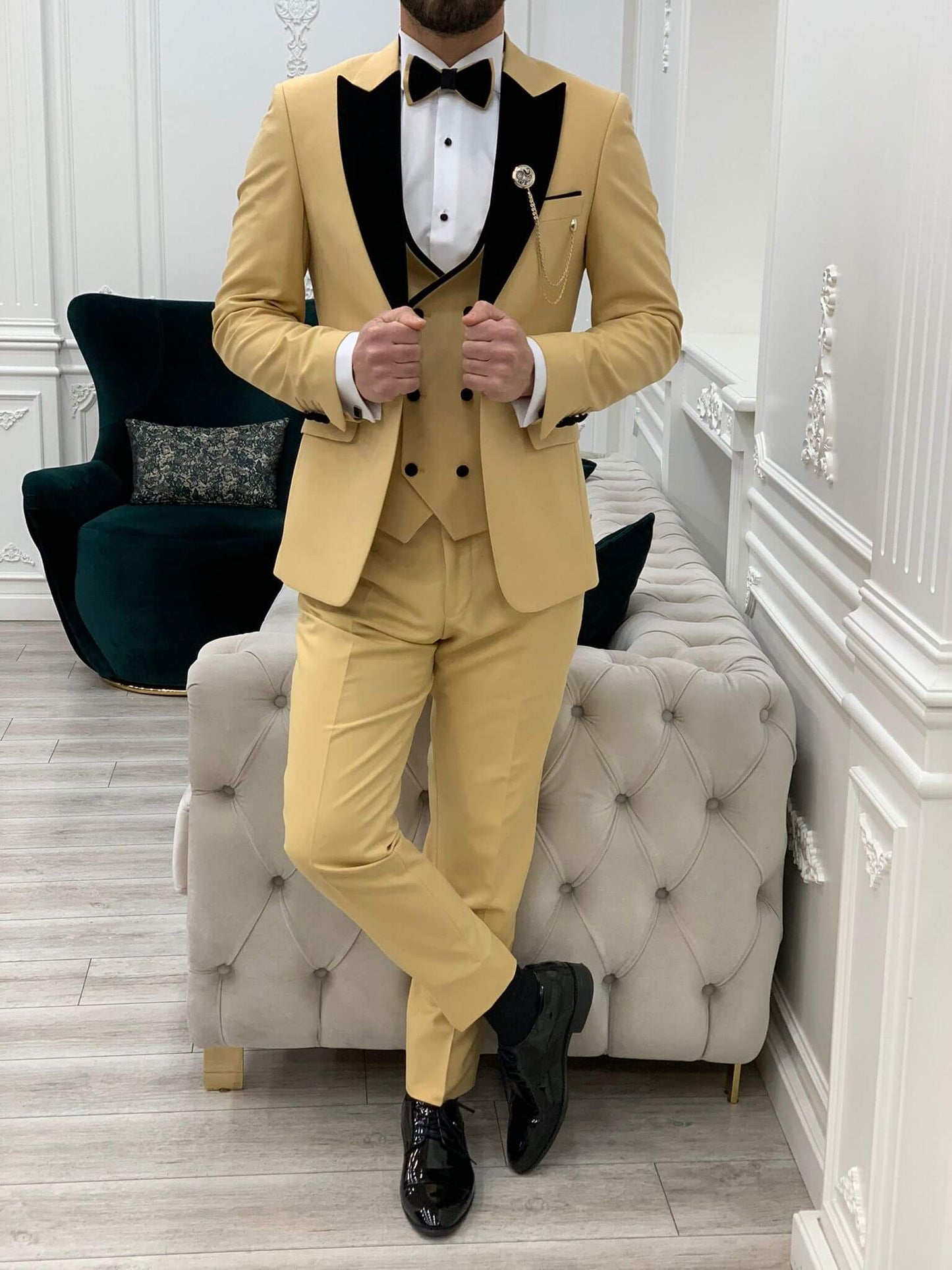 Model Wearing Yellow Tuxedo with Peak Lapel, Single Button, Double Slit, Slim-Fit Italian Cut at Formal Event
