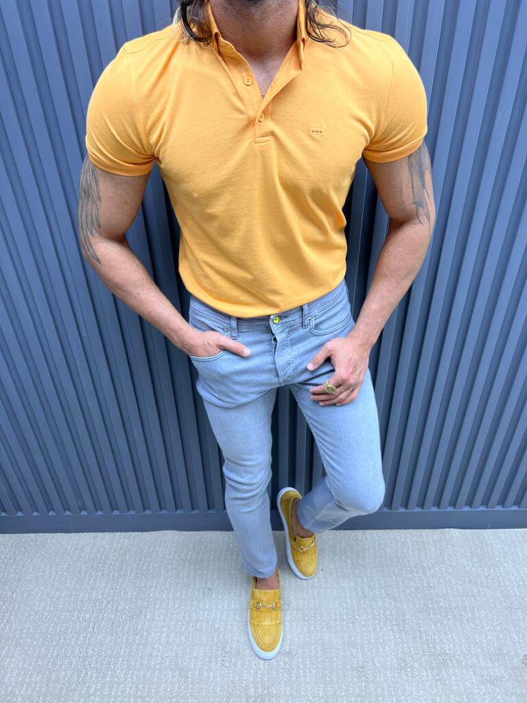 Model showcasing a vibrant Yellow Polo Neck T-shirt from HolloMen, exuding casual sophistication and summer style.